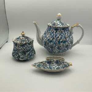 Vintage teapot/coffee set by Lefton Blue paisley with gold accents